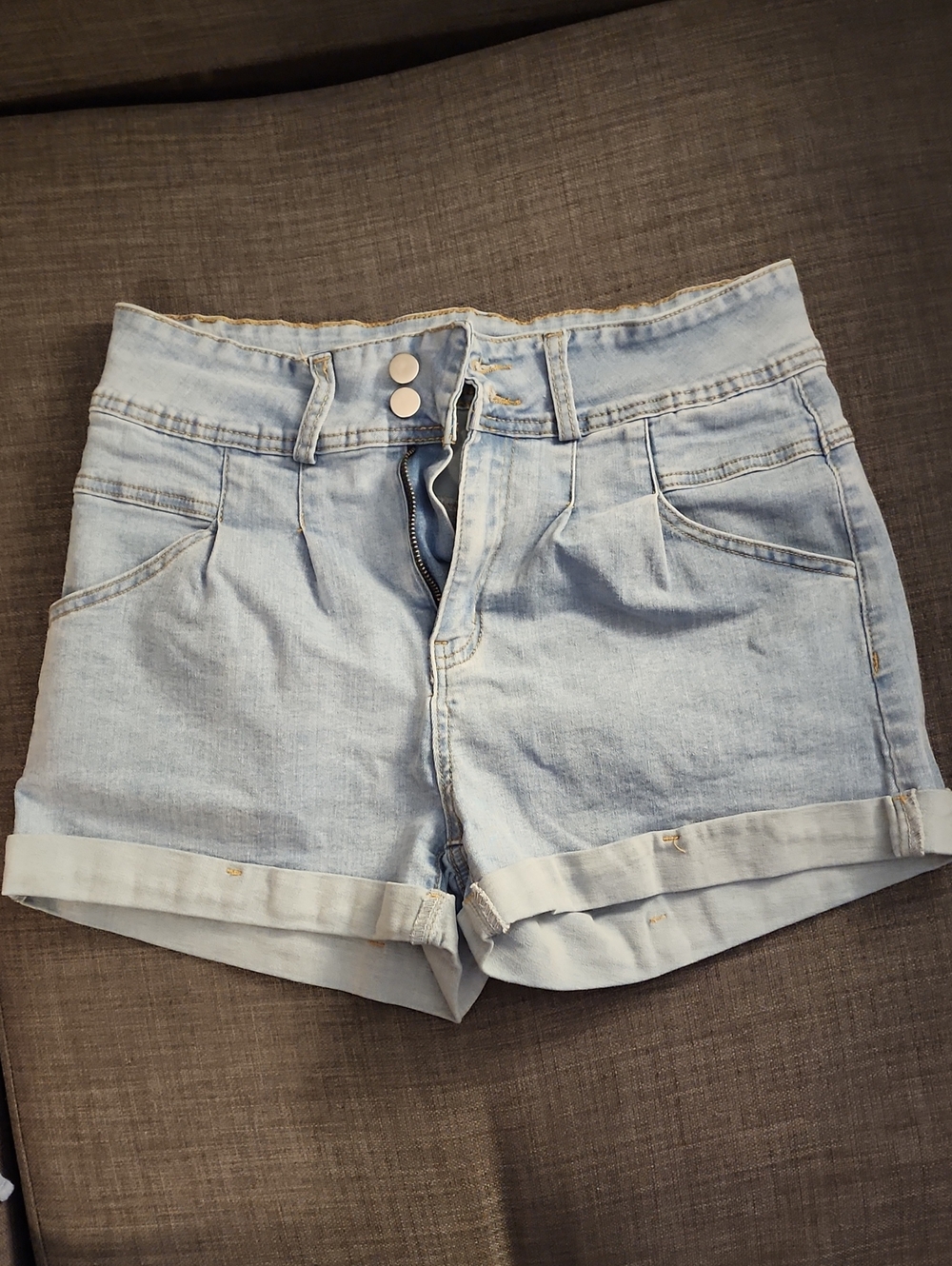 High-Rise Light Blue Denim Shorts with Rolled Hem
